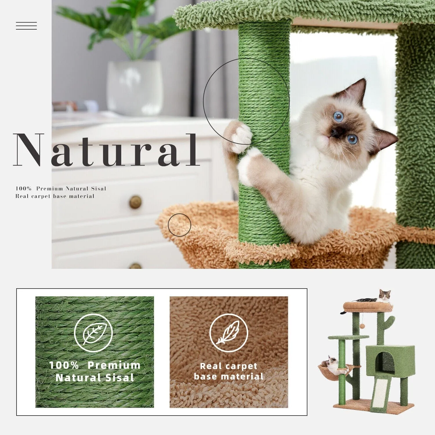41" Cactus Cat Scratching Post / Tree / Pole - Green