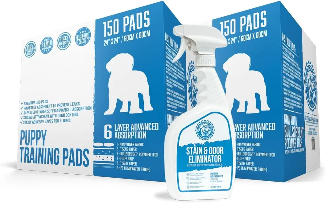 Bulldogology Premium Puppy Pee Pads with Adhesive Sticky Tape (24x24) Large Dog Training Wee Pads with 6 Layer Extra Quick Dry Bullsorbent Polymer Tech (300-Count w/32oz., White)