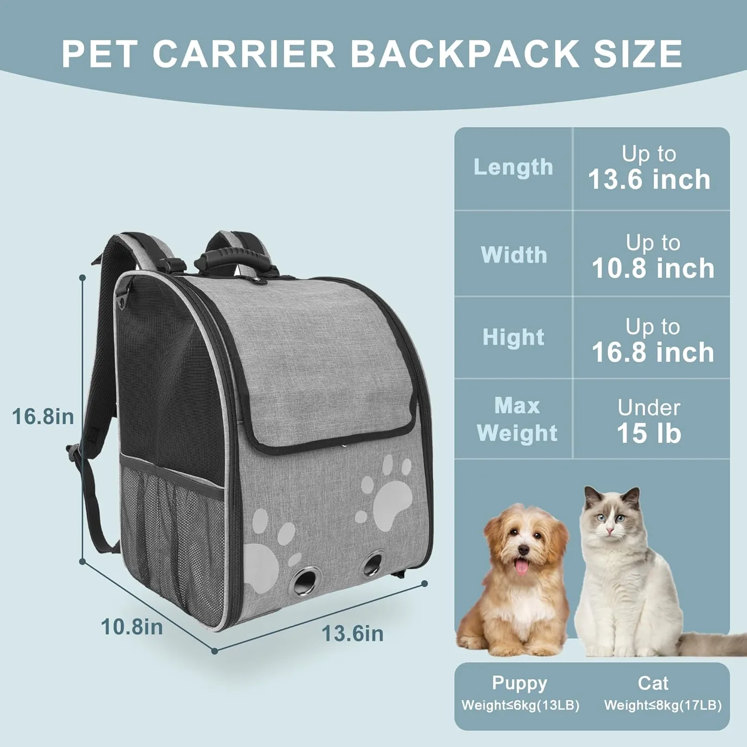 Cat Backpack Carrier, Breathable Cat Carrier Large Space UP 15 lb, Large Reflective Pet Carrier Backpack, Ventilated Mesh Dog Travel Pet Backpack for Hiking Walking Outdoor (Grey).