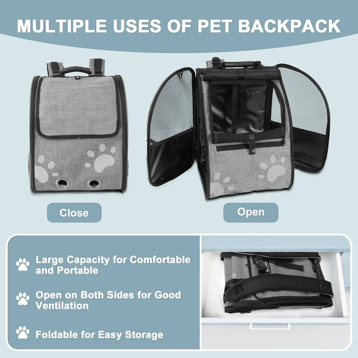 Cat Backpack Carrier, Breathable Cat Carrier Large Space UP 15 lb, Large Reflective Pet Carrier Backpack, Ventilated Mesh Dog Travel Pet Backpack for Hiking Walking Outdoor (Grey).