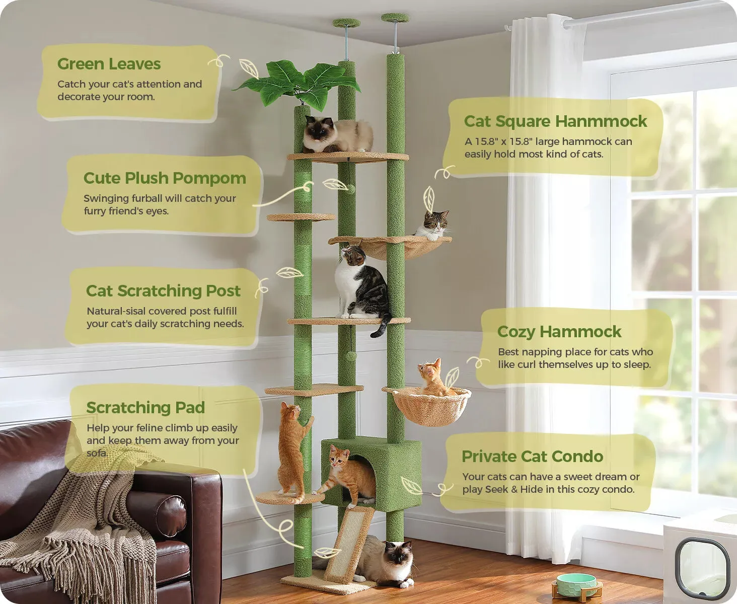 Cat Tree Tower Scratching Post Floor to Ceiling Cats Tower Furniture