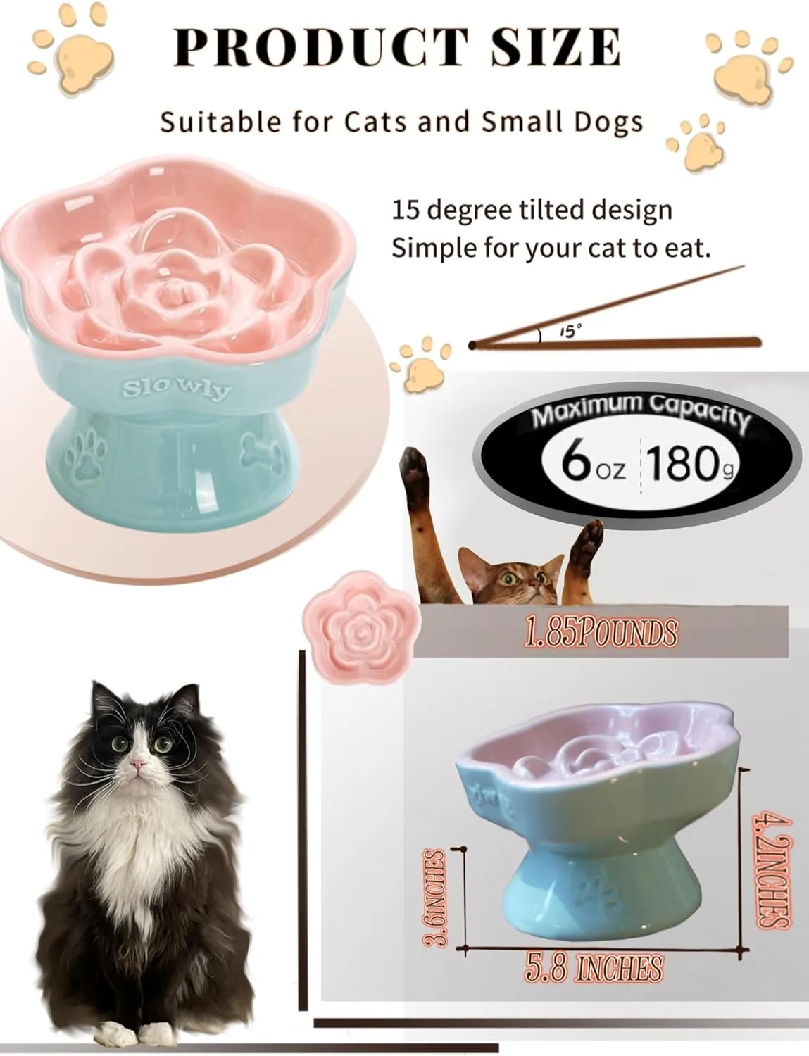 Ceramic Raised Slow Feeder Cat Bowl, Elevated Tilted Anti-Vomiting Pet Bowl for Cats & Small Dogs - Cute Flower Design, Non-Slip Base, Shallow Wide Dish for Dry/Wet Food (Pink, 5.8 Inch)