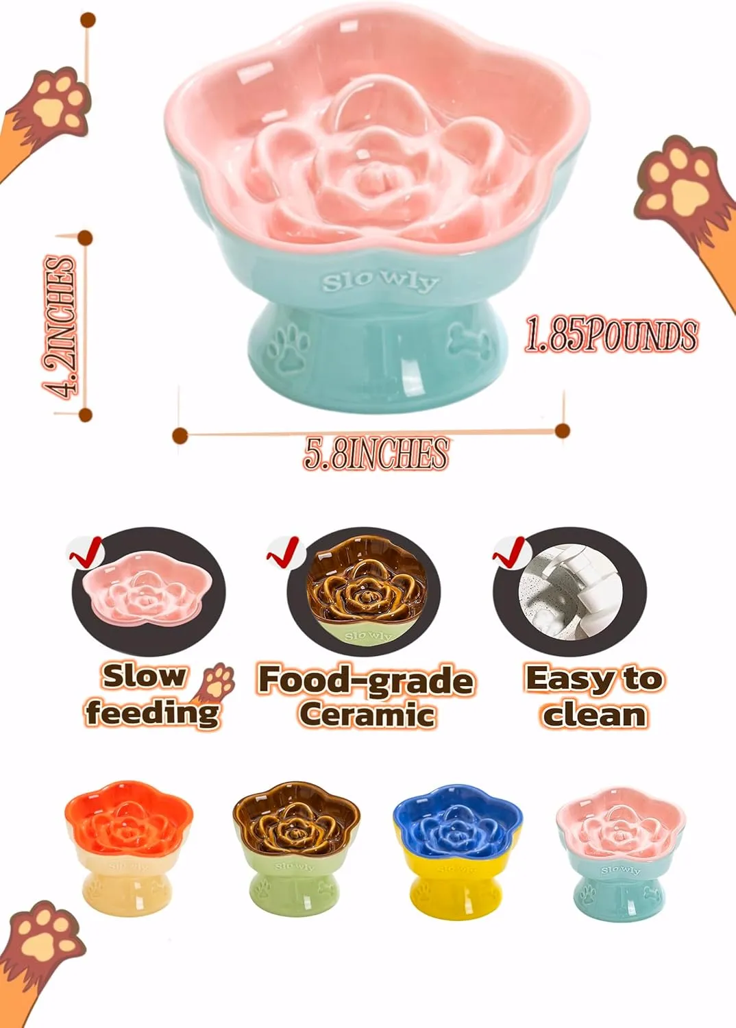 Ceramic Raised Slow Feeder Cat Bowl, Elevated Tilted Anti-Vomiting Pet Bowl for Cats & Small Dogs - Cute Flower Design, Non-Slip Base, Shallow Wide Dish for Dry/Wet Food (Pink, 5.8 Inch)