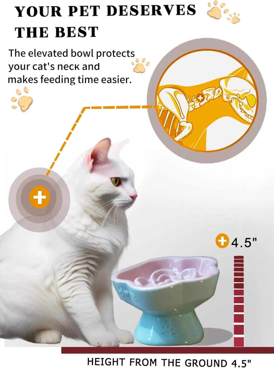 Ceramic Raised Slow Feeder Cat Bowl, Elevated Tilted Anti-Vomiting Pet Bowl for Cats & Small Dogs - Cute Flower Design, Non-Slip Base, Shallow Wide Dish for Dry/Wet Food (Pink, 5.8 Inch)