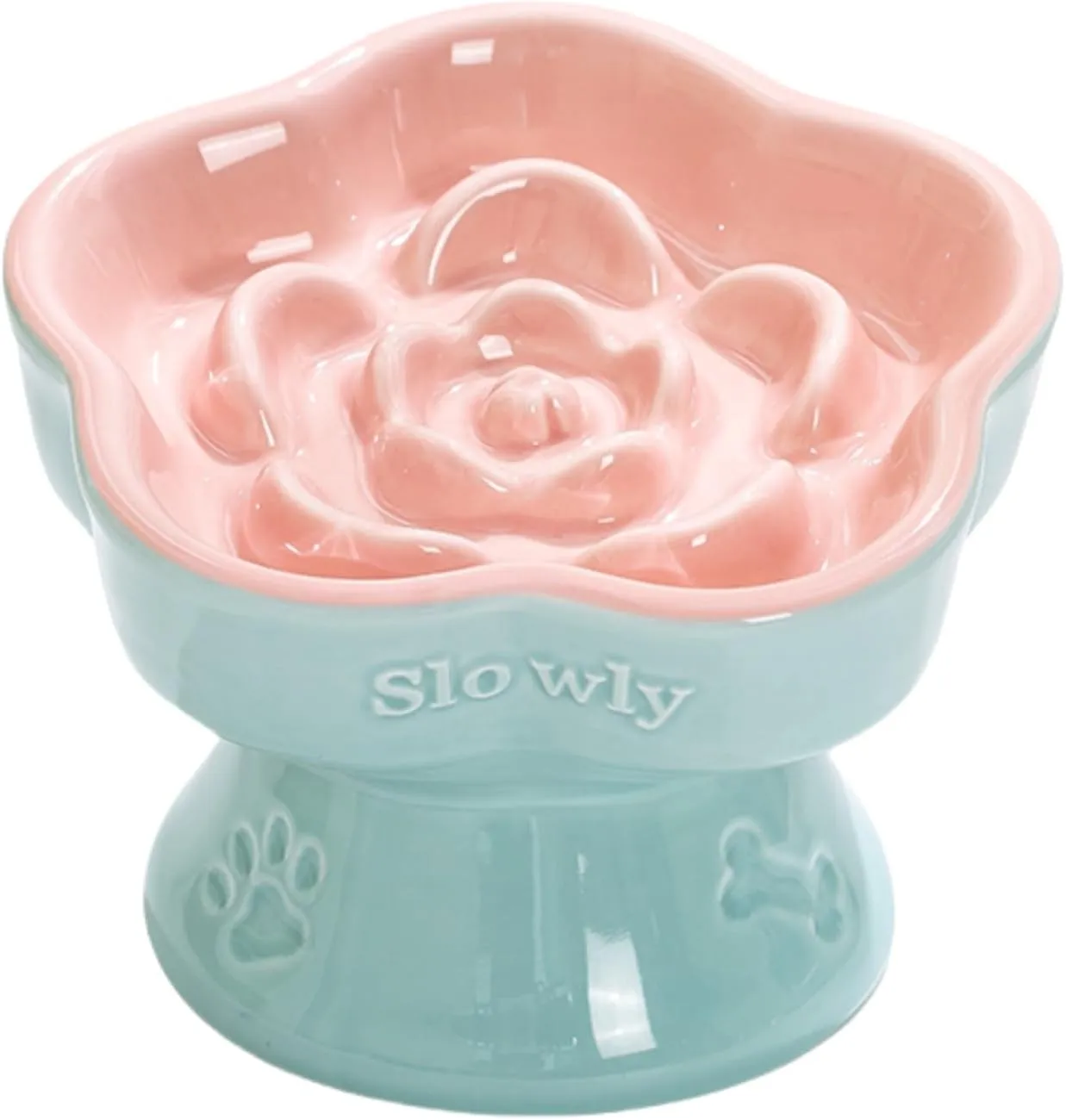 Ceramic Raised Slow Feeder Cat Bowl, Elevated Tilted Anti-Vomiting Pet Bowl for Cats & Small Dogs - Cute Flower Design, Non-Slip Base, Shallow Wide Dish for Dry/Wet Food (Pink, 5.8 Inch)