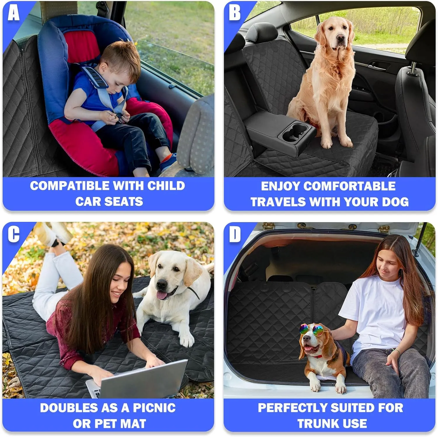Dog Car Seat Cover for Back Seat, Car Seat Cover 60/40 Split Bench for Cars, SUVs - Standard - 53" W