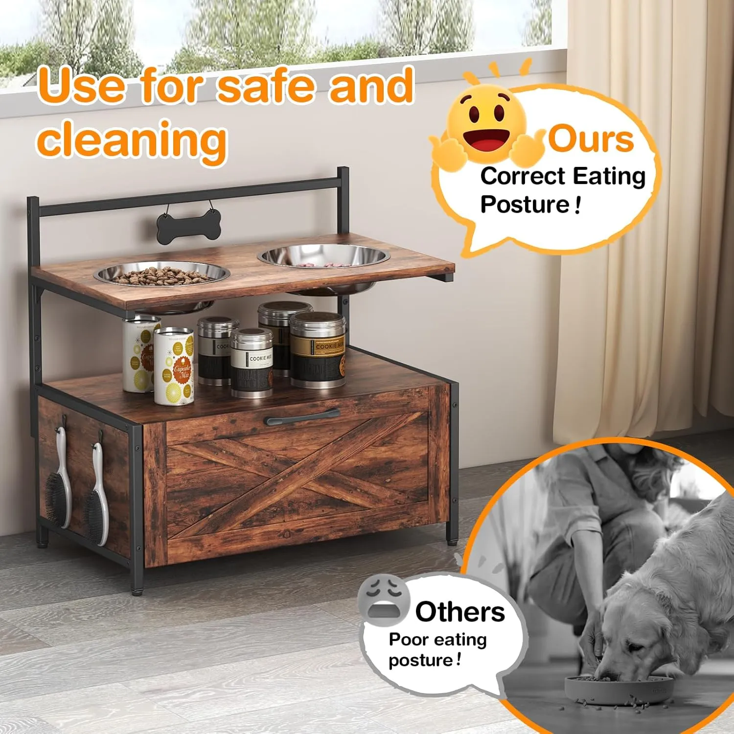 Elevated Dog Bowls for Large Dogs, Wood Raised Dog Bowls Stand with 2 Stainless Steel Dog Food Bowls,Lifted Dog Bowls Holder Cabinet with Wood Storage Drawer, Rustic Brown