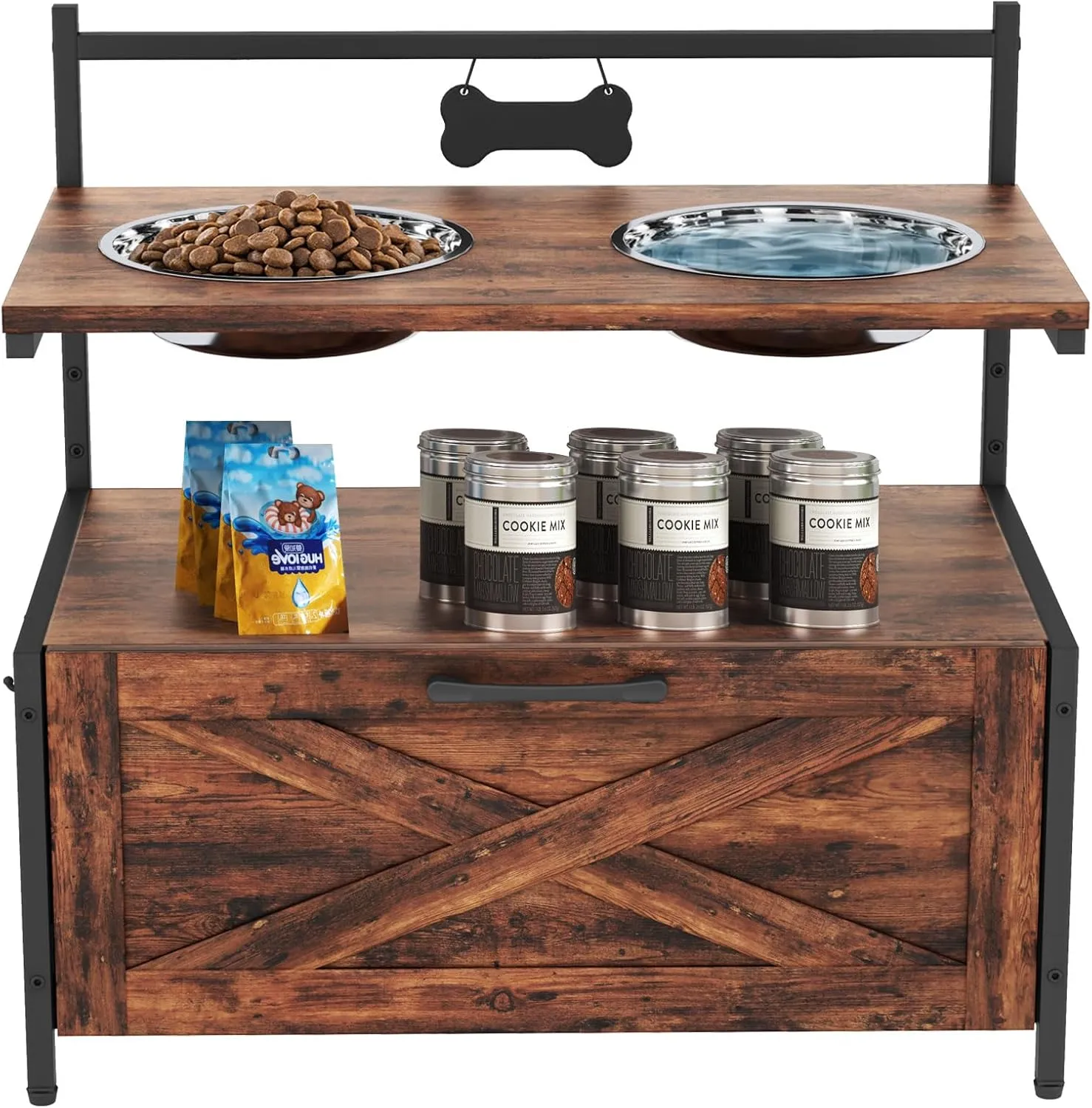 Elevated Dog Bowls for Large Dogs, Wood Raised Dog Bowls Stand with 2 Stainless Steel Dog Food Bowls,Lifted Dog Bowls Holder Cabinet with Wood Storage Drawer, Rustic Brown