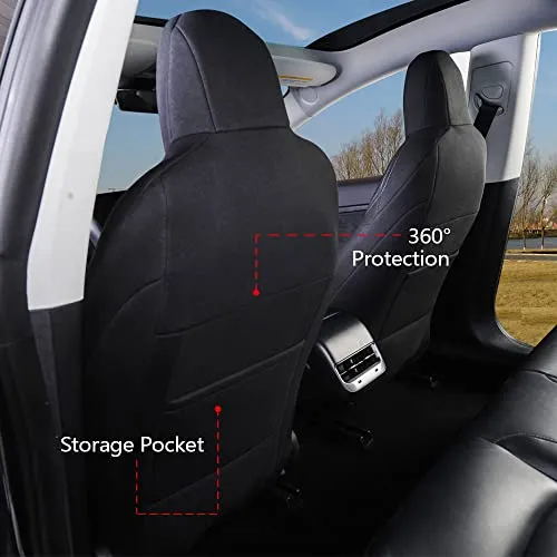 Front Custom Fit Two Tone Black/Blue with Quilted Design Fully Wrapped Fabric Cloth Seat Covers for 2017-2022 Tesla Model 3 & Model Y (2 Pieces)