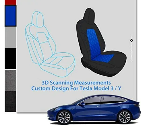 Front Custom Fit Two Tone Black/Blue with Quilted Design Fully Wrapped Fabric Cloth Seat Covers for 2017-2022 Tesla Model 3 & Model Y (2 Pieces)