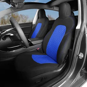 Front Custom Fit Two Tone Black/Blue with Quilted Design Fully Wrapped Fabric Cloth Seat Covers for 2017-2022 Tesla Model 3 & Model Y (2 Pieces)