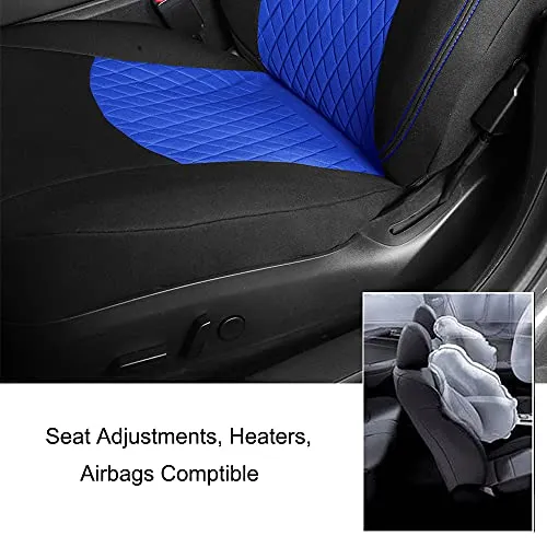 Front Custom Fit Two Tone Black/Blue with Quilted Design Fully Wrapped Fabric Cloth Seat Covers for 2017-2022 Tesla Model 3 & Model Y (2 Pieces)