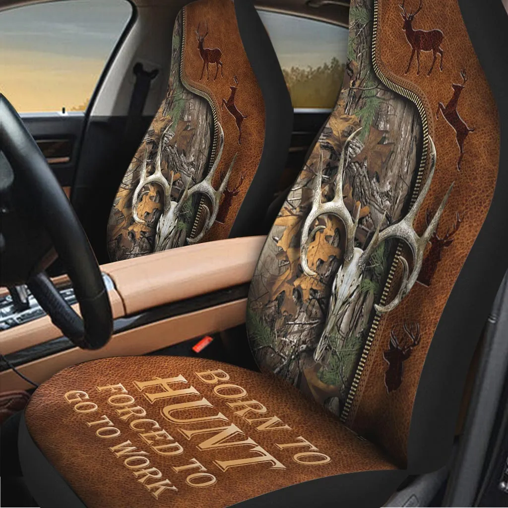 Hunting Seat Covers For Auto With Leather Pattern, Born To Hunt Forced To Go To Work Car Seat Covers