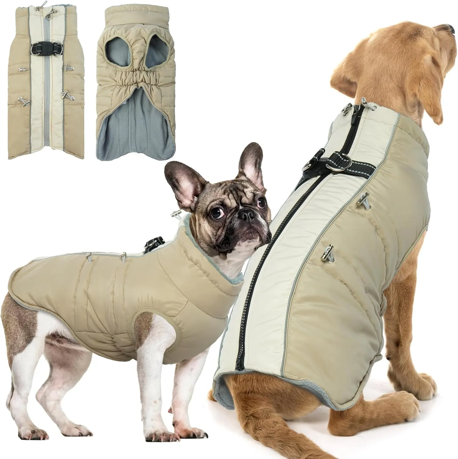 IDOMIK Warm Dog Coat with Built-in Harness,Dog Winter Coat,Dog Cold Weather Coats Zipper,Water-Repellent Dog Jackets Thicken Dog Fleece,Windproof Dog Snow Jacket Snowsuit for Small Medium Large Dogs