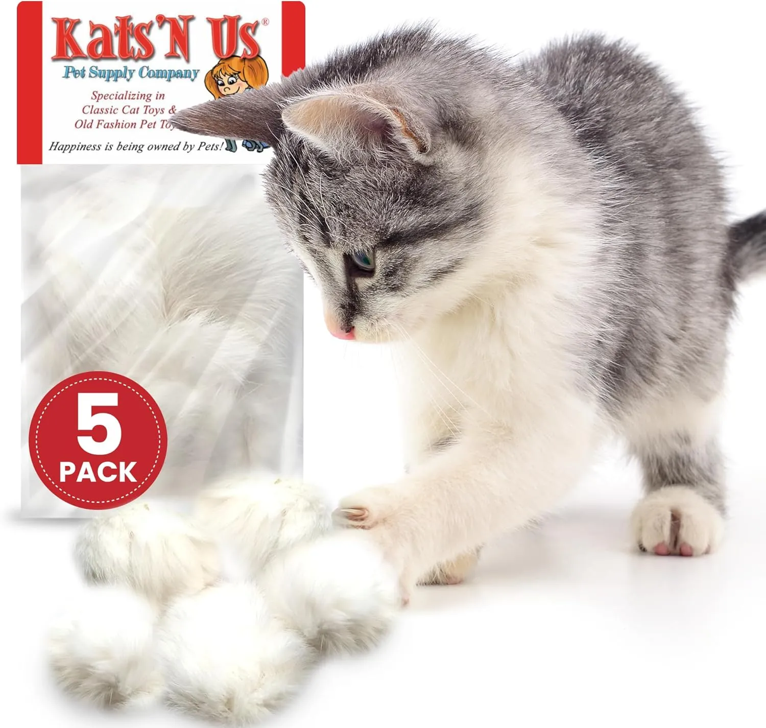 Kats'N Us Real Rabbit Fur Pom Pom Cat Toy - Jumbo Size - White Fuzzy Cat Balls for Interactive Play and Entertainment - 5 Pack