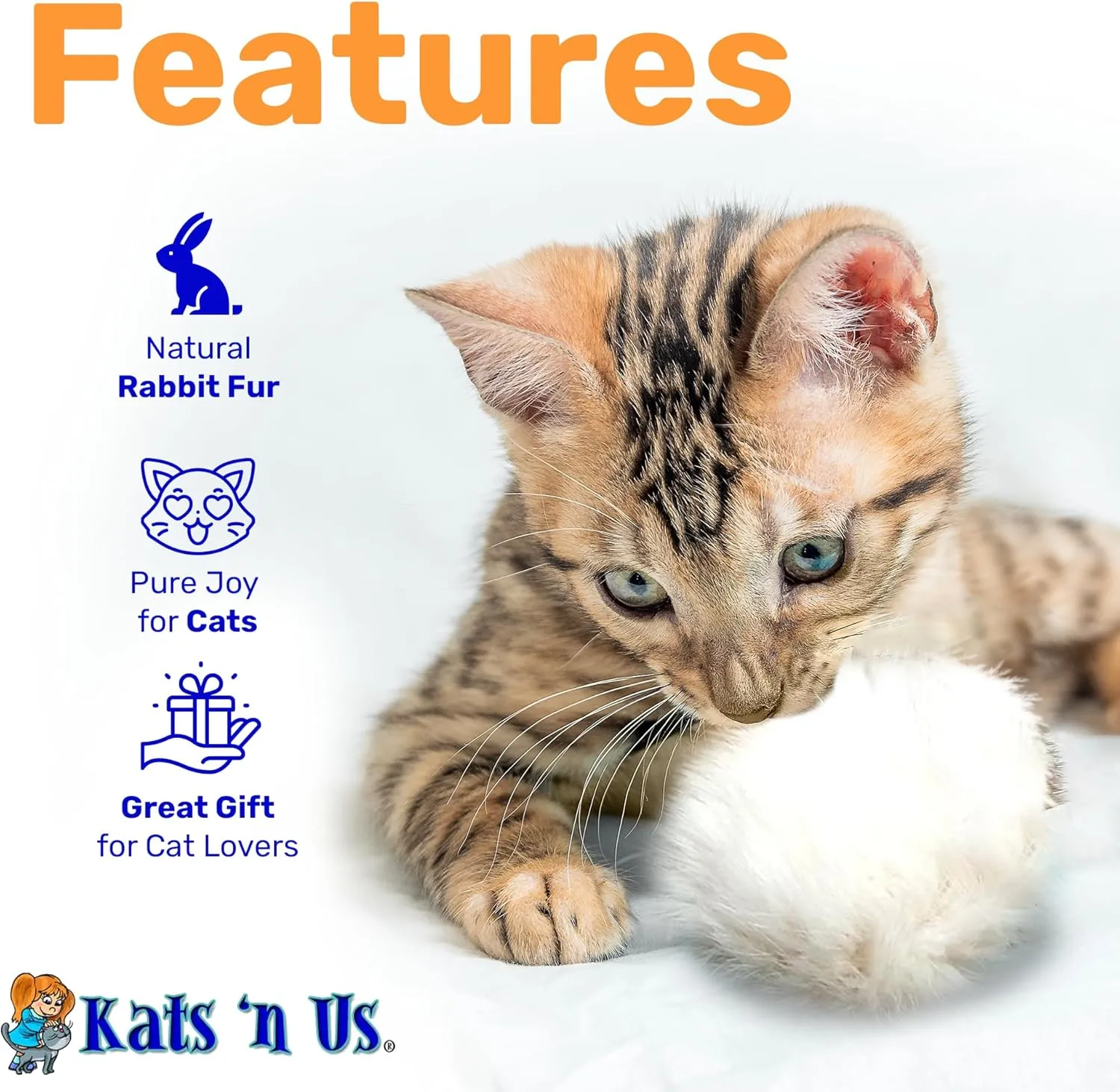 Kats'N Us Real Rabbit Fur Pom Pom Cat Toy - Jumbo Size - White Fuzzy Cat Balls for Interactive Play and Entertainment - 5 Pack