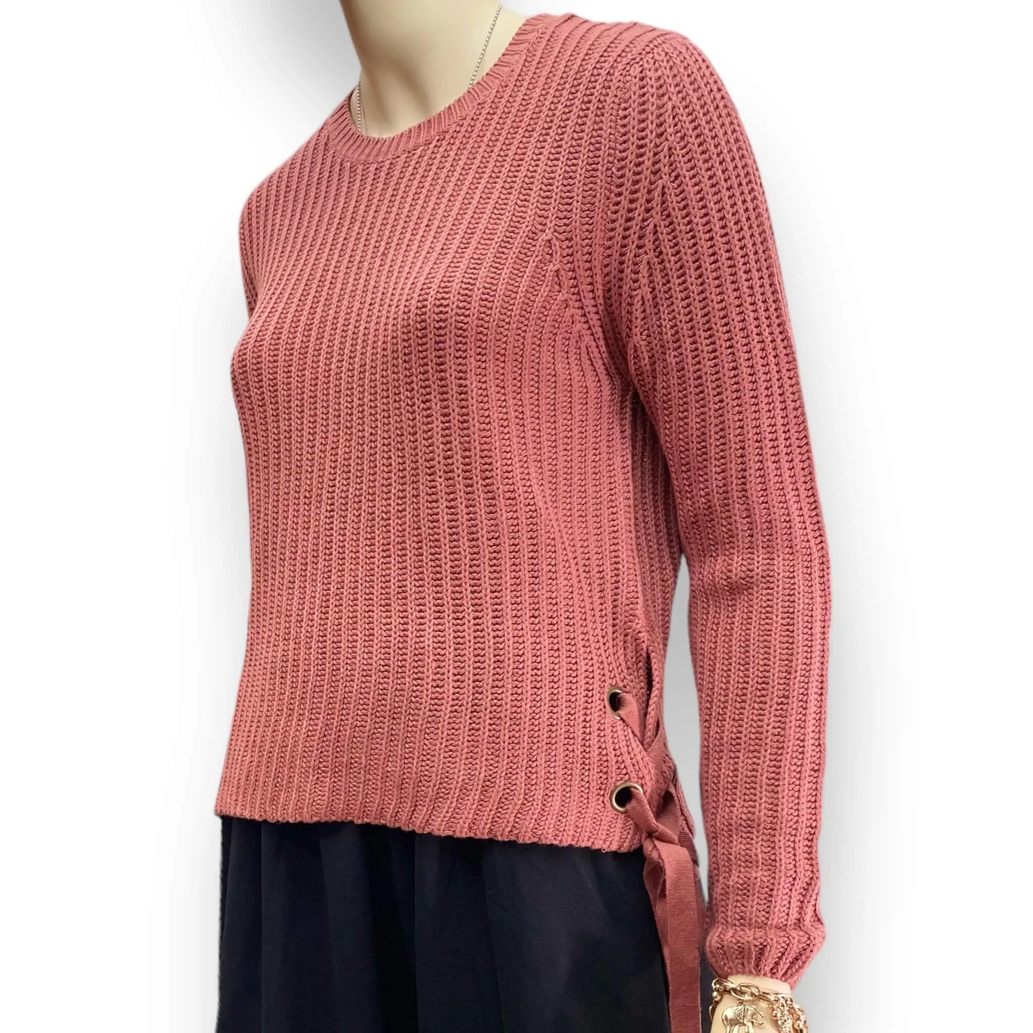 Lace Up Sides Rib Knit Sweater