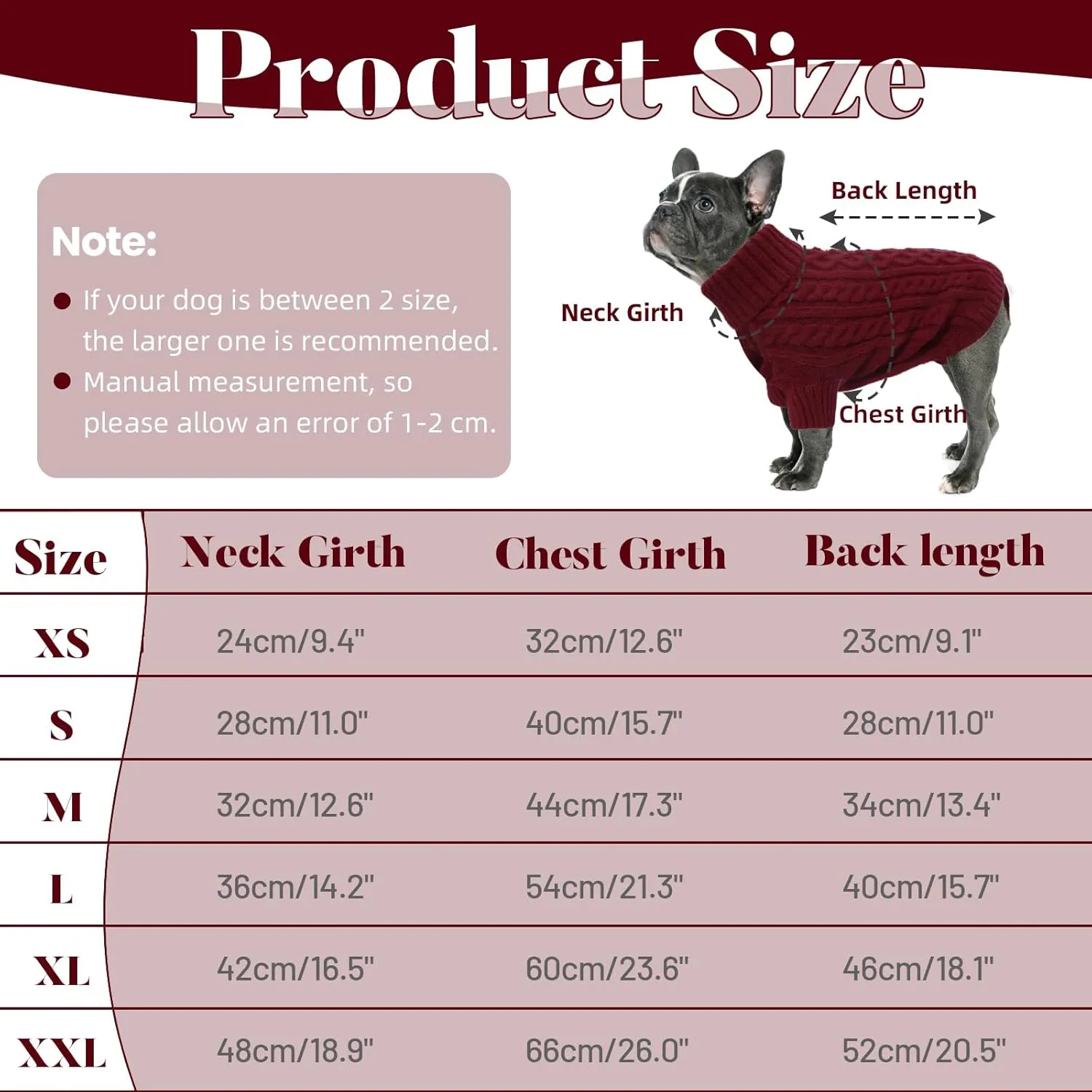 Large Dog Sweater - Soft, Knitted Turtleneck for Winter - Cozy for Dachshund, French Bulldog, Pug (Burgundy L)