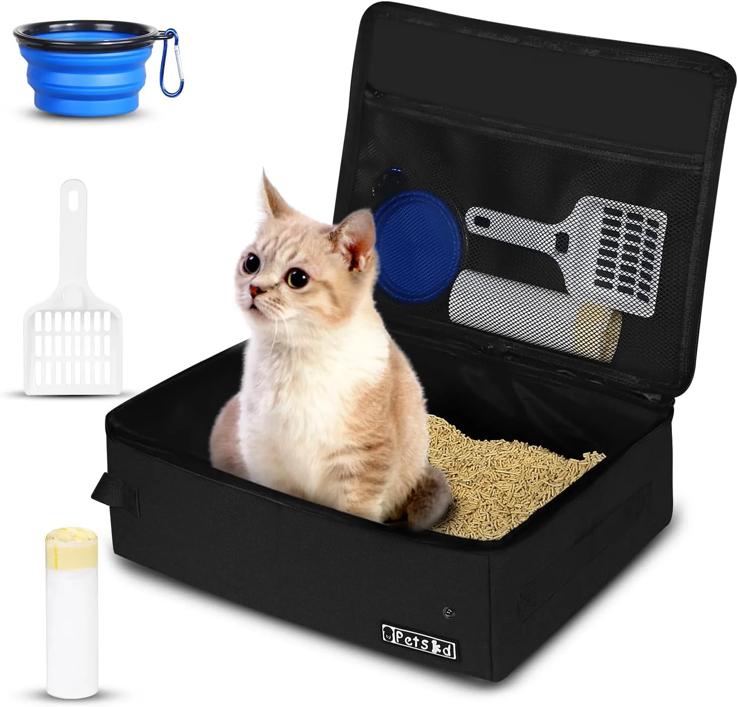Petskd Portable Cat Travel Litter Box with Lid and 10 pcs Disposable Liner Bags, Leak-Proof and Collapsible, Cat Travel Essentials for Car, Hotel, Airplane and Other Outdoor Use(Black)