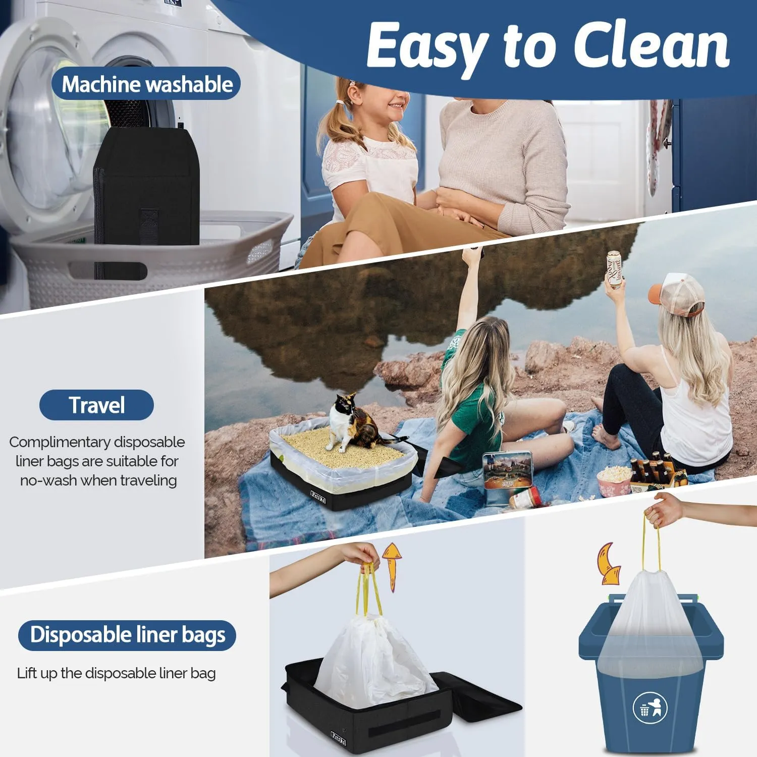 Petskd Portable Cat Travel Litter Box with Lid and 10 pcs Disposable Liner Bags, Leak-Proof and Collapsible, Cat Travel Essentials for Car, Hotel, Airplane and Other Outdoor Use(Black)