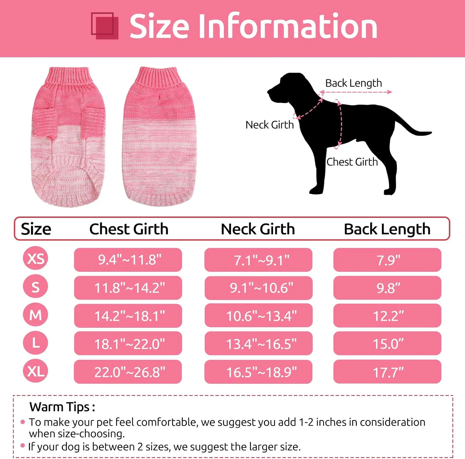 Queenmore Knitted Pullover Dog Sweater, Turtleneck Pet Cat Sweater, Cold Weather Puppy Clothes Stitching Knitwear with Leash Hole for Small Medium DogsPink,S