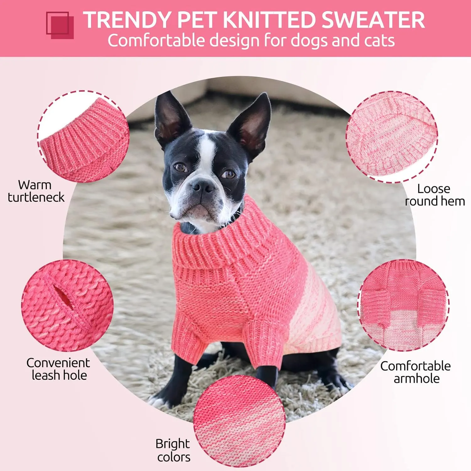 Queenmore Knitted Pullover Dog Sweater, Turtleneck Pet Cat Sweater, Cold Weather Puppy Clothes Stitching Knitwear with Leash Hole for Small Medium DogsPink,S