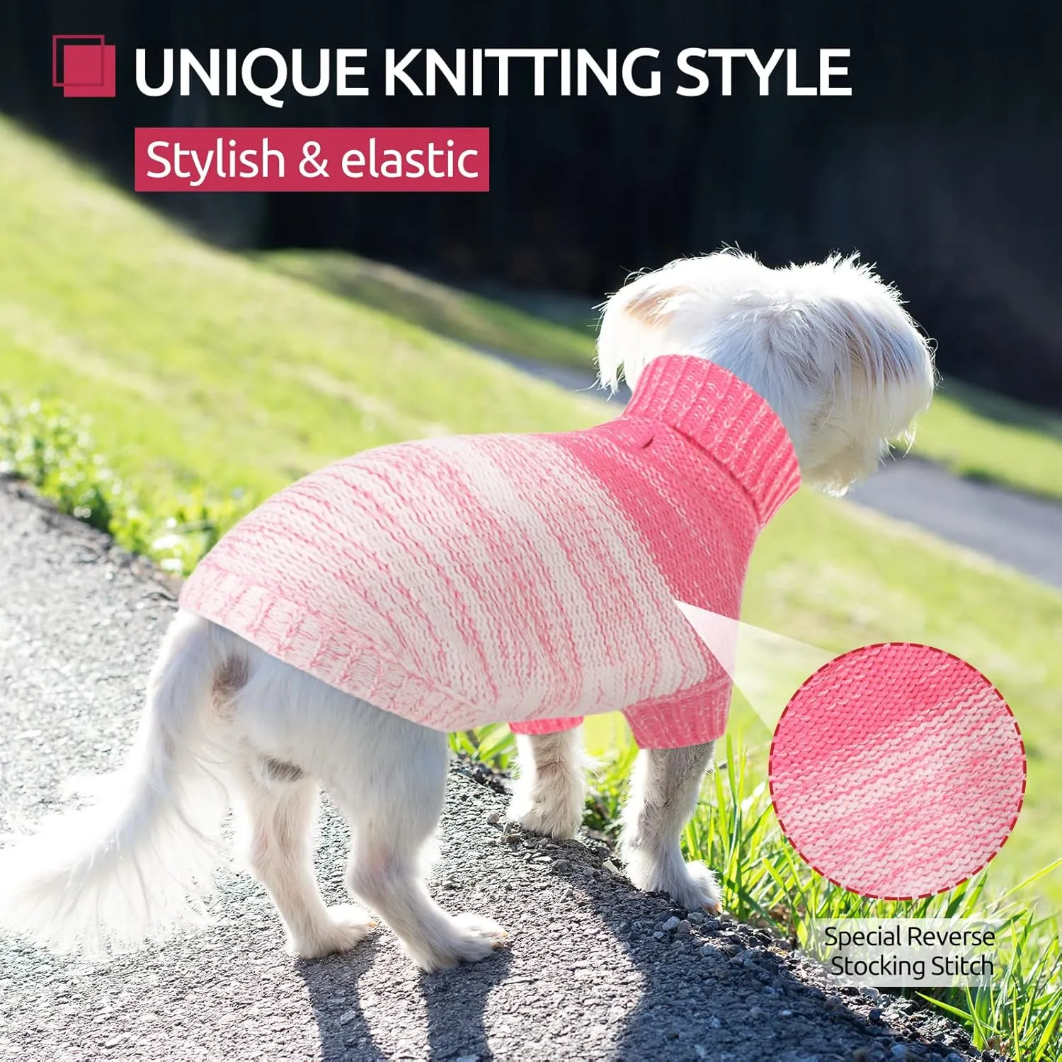 Queenmore Knitted Pullover Dog Sweater, Turtleneck Pet Cat Sweater, Cold Weather Puppy Clothes Stitching Knitwear with Leash Hole for Small Medium DogsPink,S