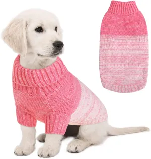 Queenmore Knitted Pullover Dog Sweater, Turtleneck Pet Cat Sweater, Cold Weather Puppy Clothes Stitching Knitwear with Leash Hole for Small Medium DogsPink,S
