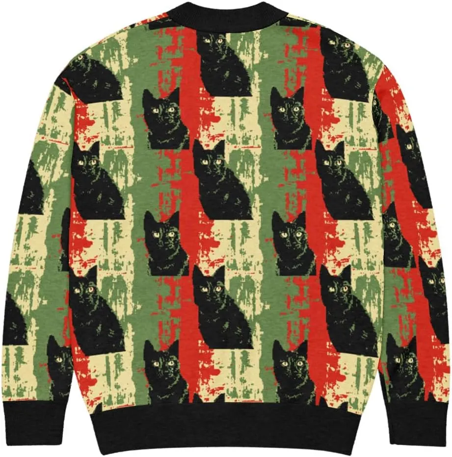 Retro Black Cat Cardigan, Knitted Sweater, Vintage Style Button Down, Cozy Fall Fashion, Cute Cat Print Pullover