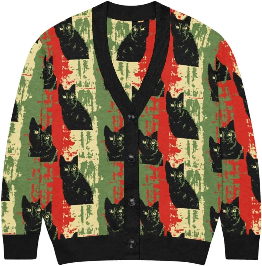 Retro Black Cat Cardigan, Knitted Sweater, Vintage Style Button Down, Cozy Fall Fashion, Cute Cat Print Pullover