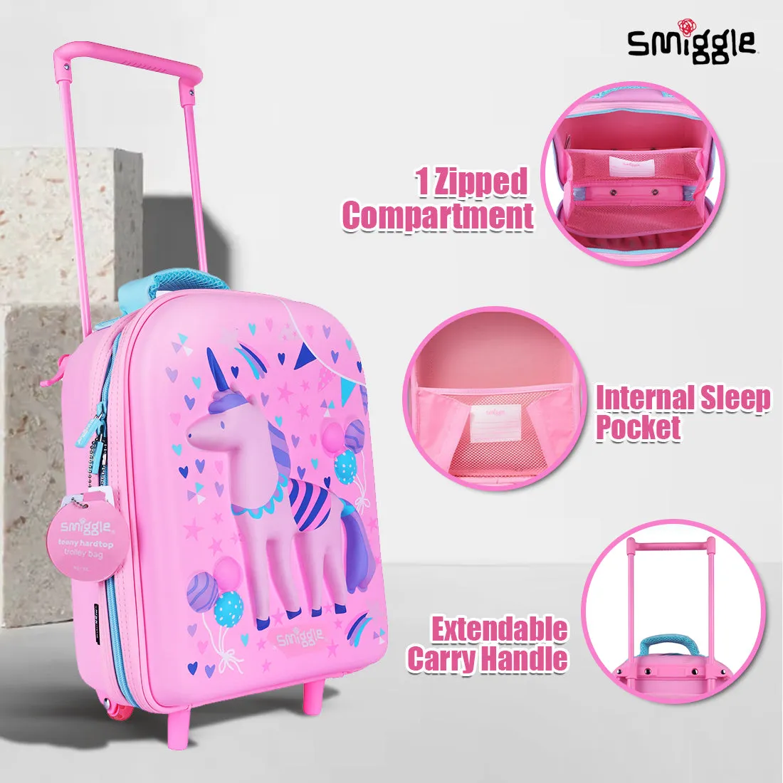 Smiggle Glide Teeny Tiny Hardtop Trolley Bag Pink, 3Y 