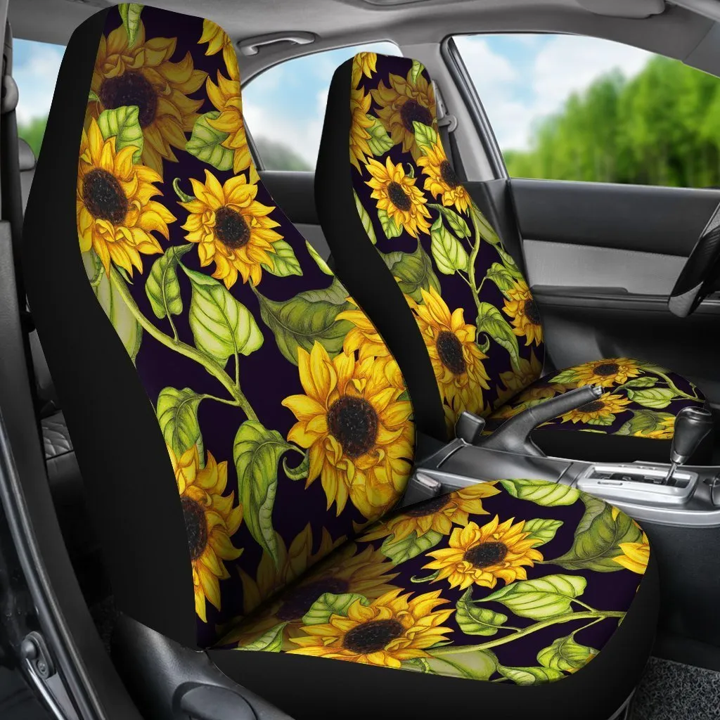 Sunflower Full Printed on Front Car Seat Protectors, Hand Drawn Sunflower Pattern Print Universal Fit Car Seat Covers