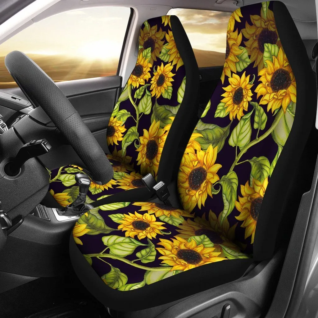 Sunflower Full Printed on Front Car Seat Protectors, Hand Drawn Sunflower Pattern Print Universal Fit Car Seat Covers