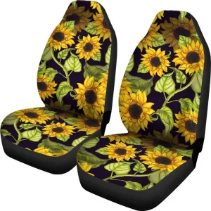 Sunflower Full Printed on Front Car Seat Protectors, Hand Drawn Sunflower Pattern Print Universal Fit Car Seat Covers