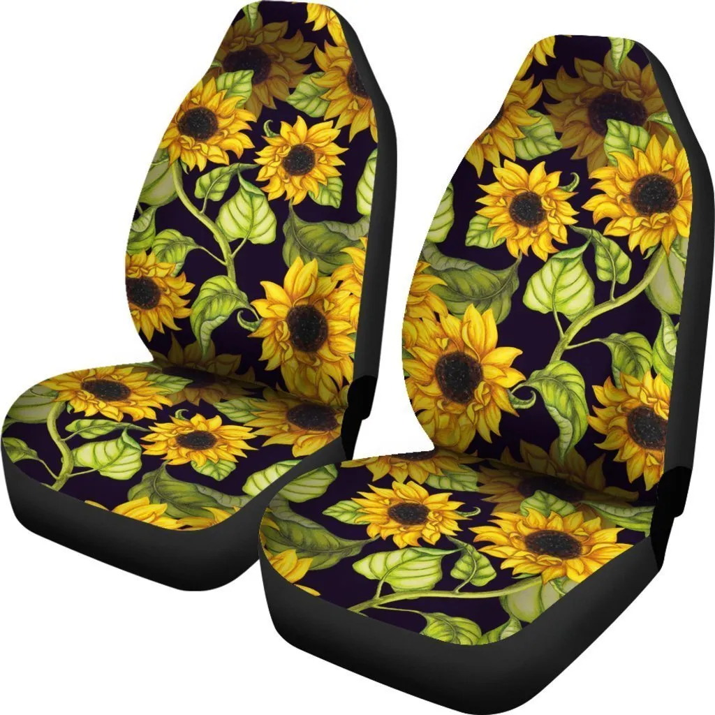 Sunflower Full Printed on Front Car Seat Protectors, Hand Drawn Sunflower Pattern Print Universal Fit Car Seat Covers