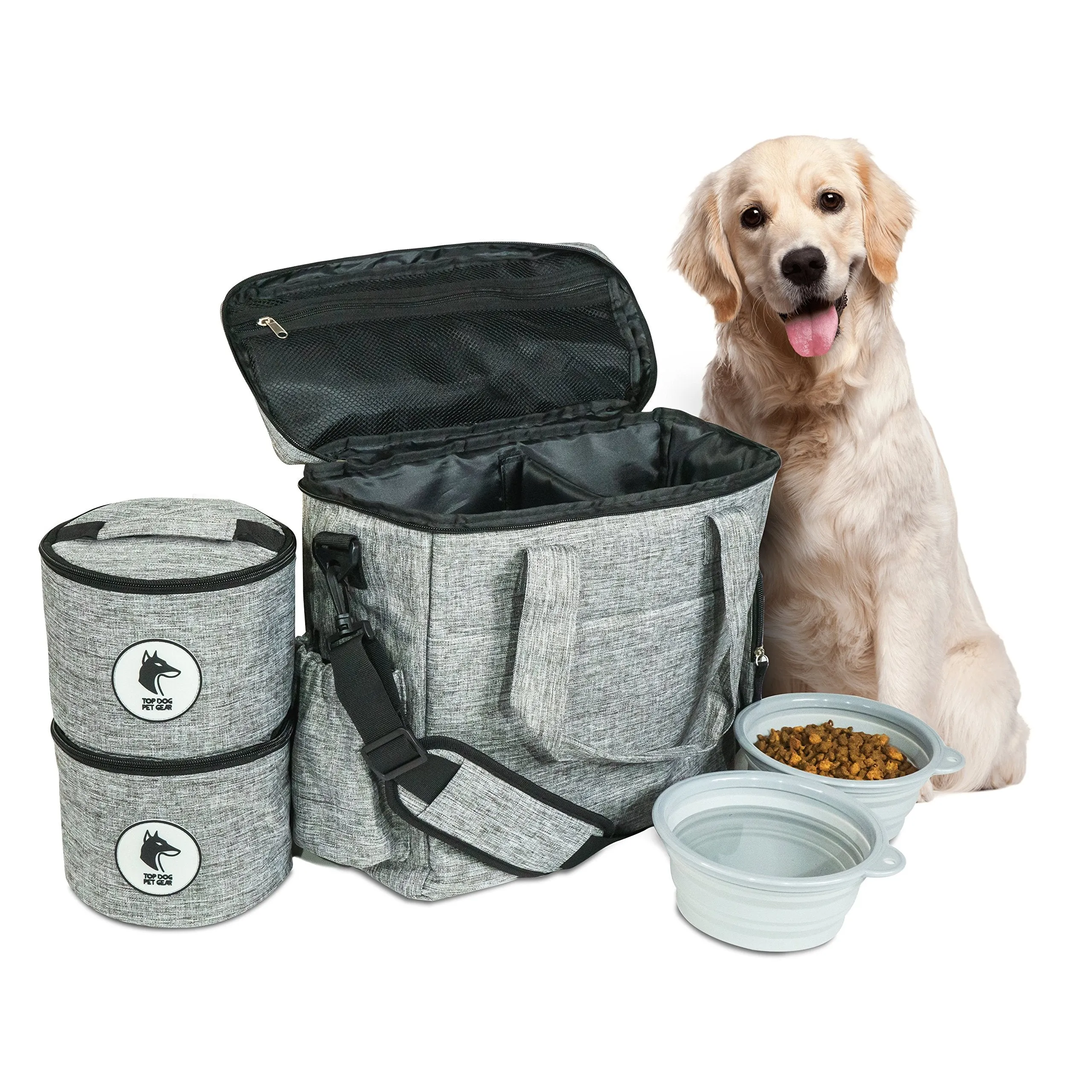 Top Dog Travel Bag - Airline Approved Travel Set for Dogs of All Sizes - Stores All Your Dog Accessories - Includes Travel Bag, 2x Food Storage Containers and 2x Collapsible Dog Bowls - Gray