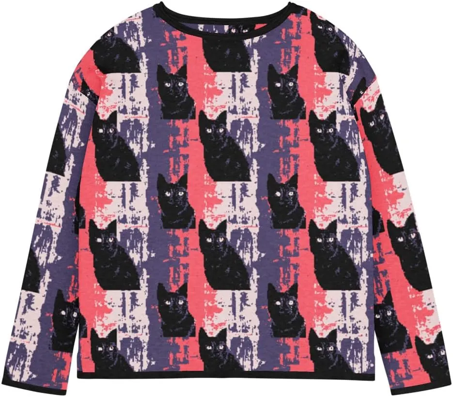 Womens Psychedelic Cat Sweater, Trippy Long Sleeve Knit Pullover, Colorful Graphic Top, Cozy Straight Hem Jumper