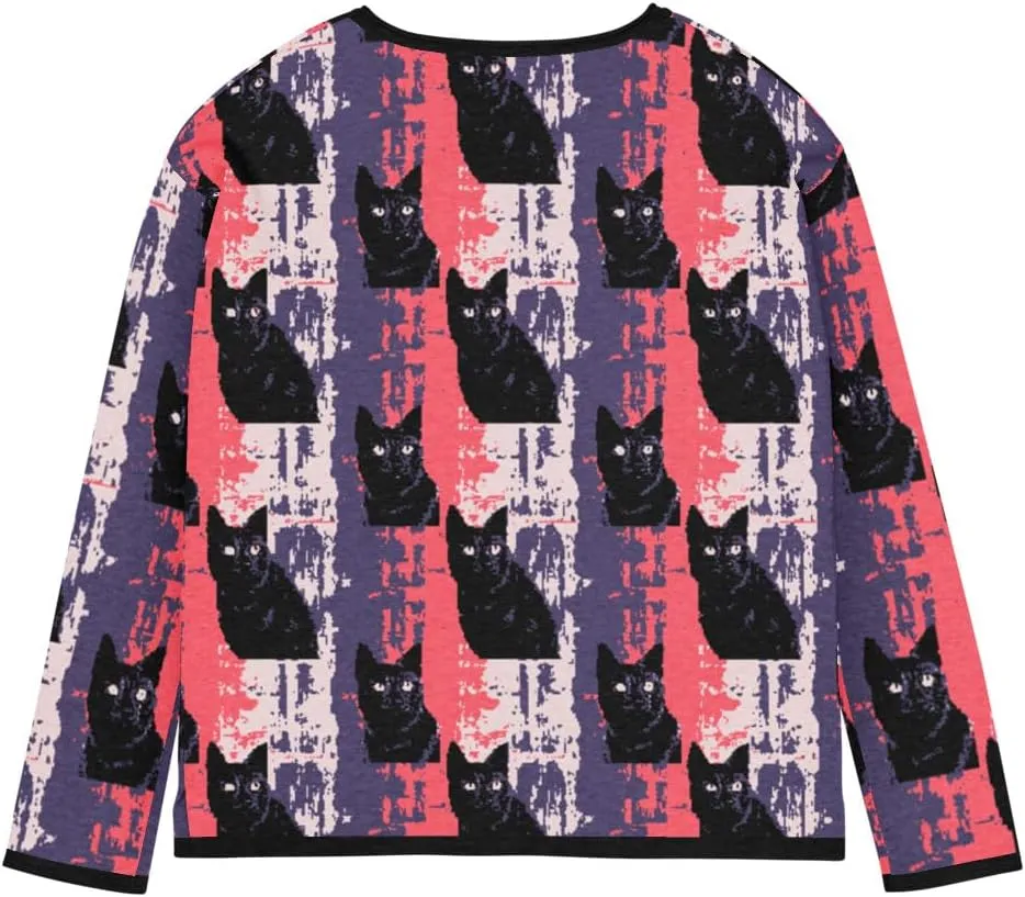 Womens Psychedelic Cat Sweater, Trippy Long Sleeve Knit Pullover, Colorful Graphic Top, Cozy Straight Hem Jumper